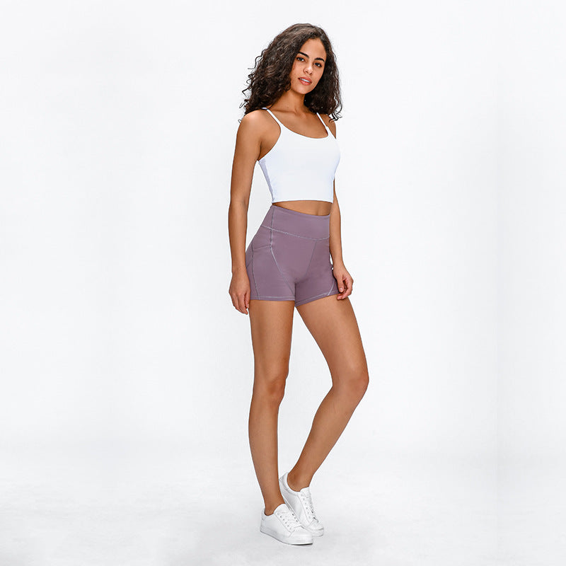 SHINBENE Anti-Schweiß Einfarbige Sportliche Shorts für Frauen Hochtailliert Weiches Baumwollgefühl Fitness Yoga Shorts mit Zwei Seitentaschen