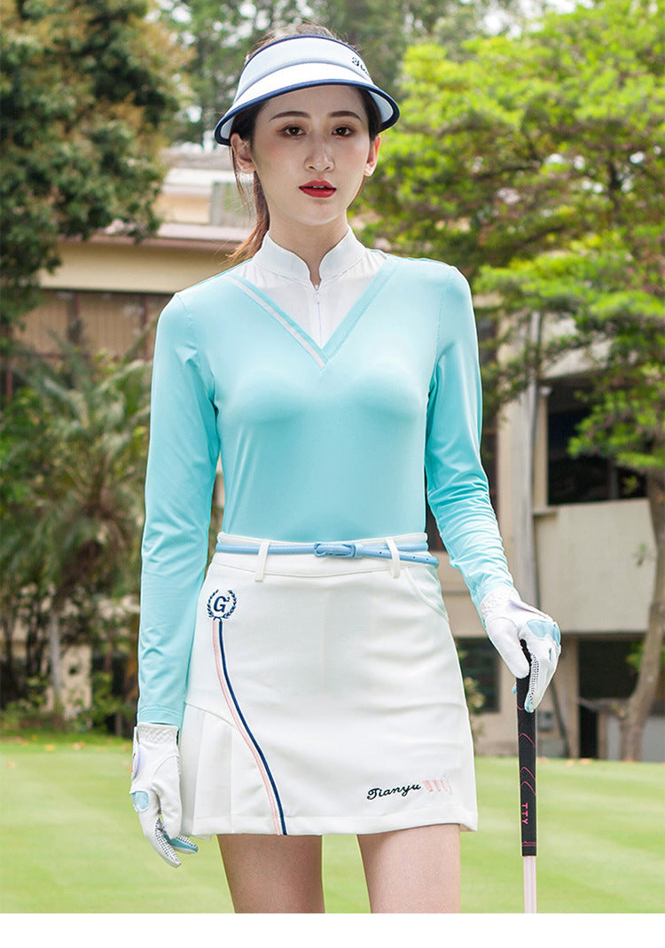 Camiseta de golf de manga larga para mujer, cuello alto, protección solar, versión coreana de la camiseta deportiva ajustada.